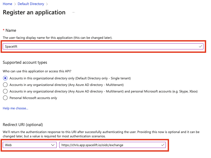 Give your App Registration a name. Configure the redirect URI.